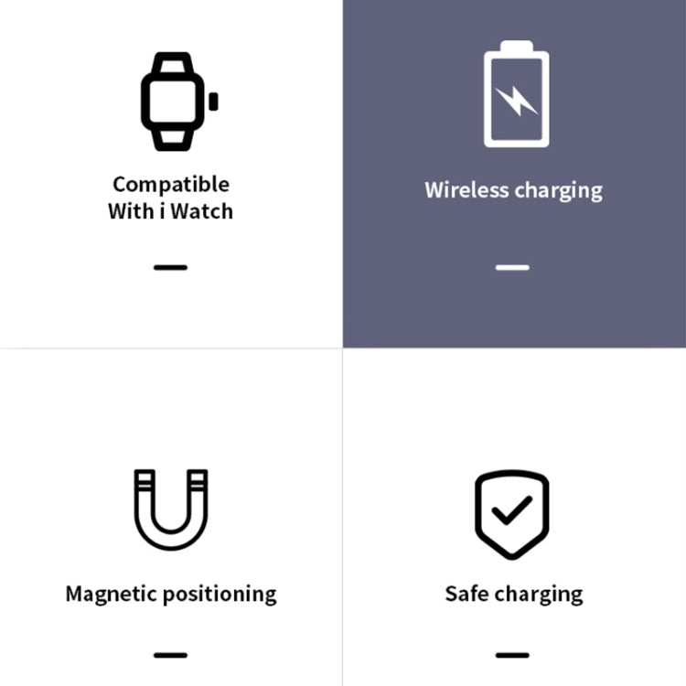 Magnetic wireless watch charger feature icons: wireless, magnetic, safe