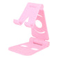 Foldable phone stand, pink with two-piece base and adjustable cradle