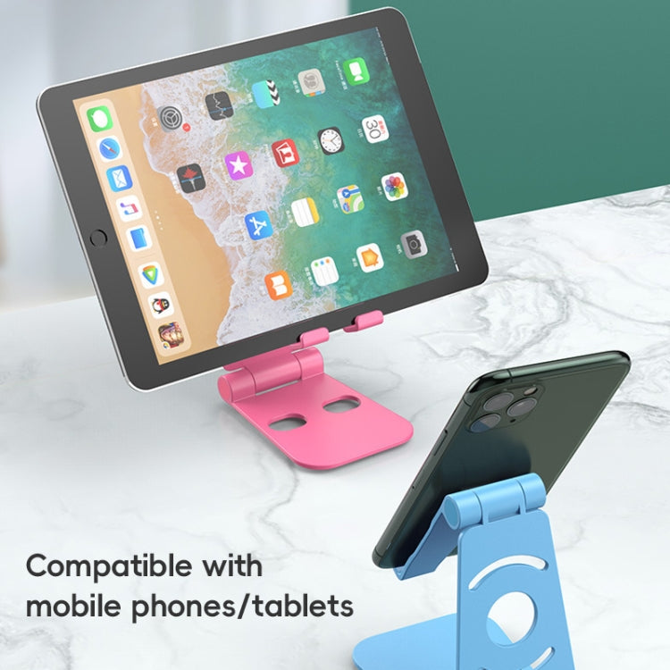Foldable phone stand set: pink stand holding tablet and blue stand holding phone