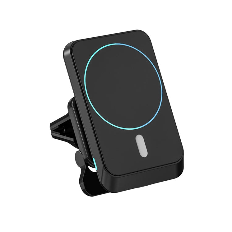Black magnetic wireless car air vent charger mount, front view with circular indicator