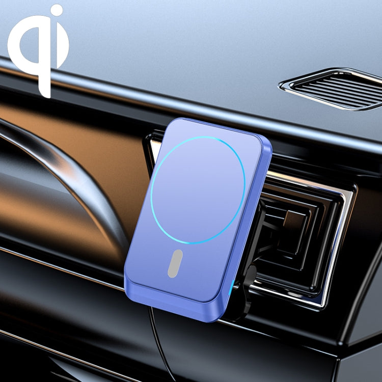 Blue magnetic wireless car air vent charger mount with glowing circular indicator
