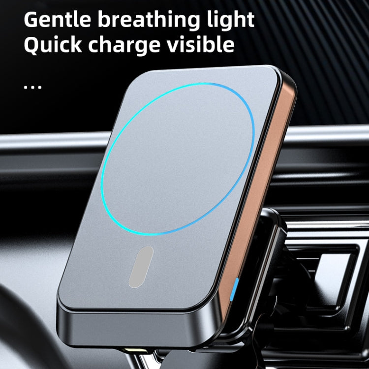 Magnetic wireless car charger with glowing light on the charging pad, black/silver