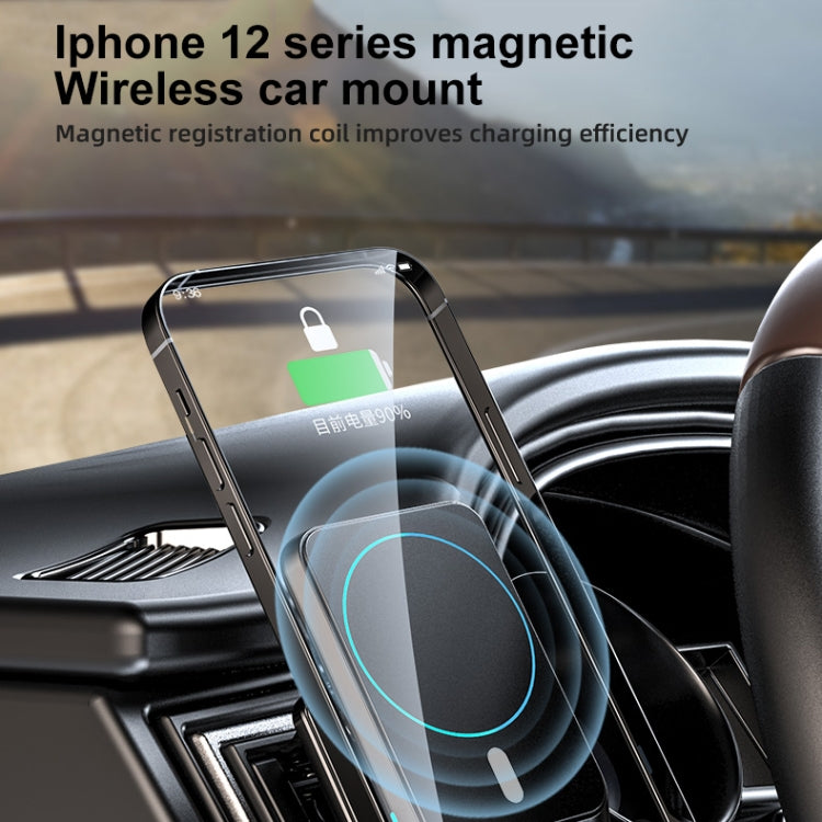 Magnetic wireless car charger attached to air vent with phone displaying charging mount