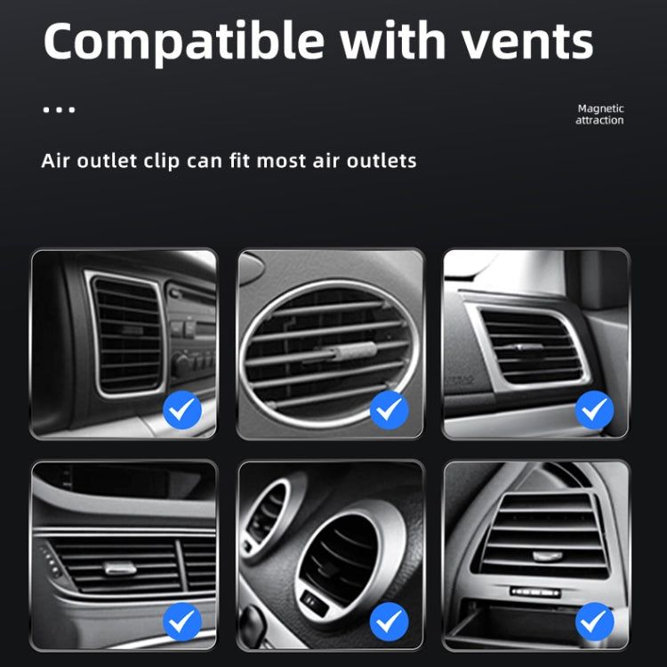 Black magnetic car air vent clip bracket with wireless charger, shown on vents