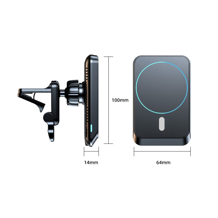 Black magnetic wireless car vent charger mount with size dimensions shown