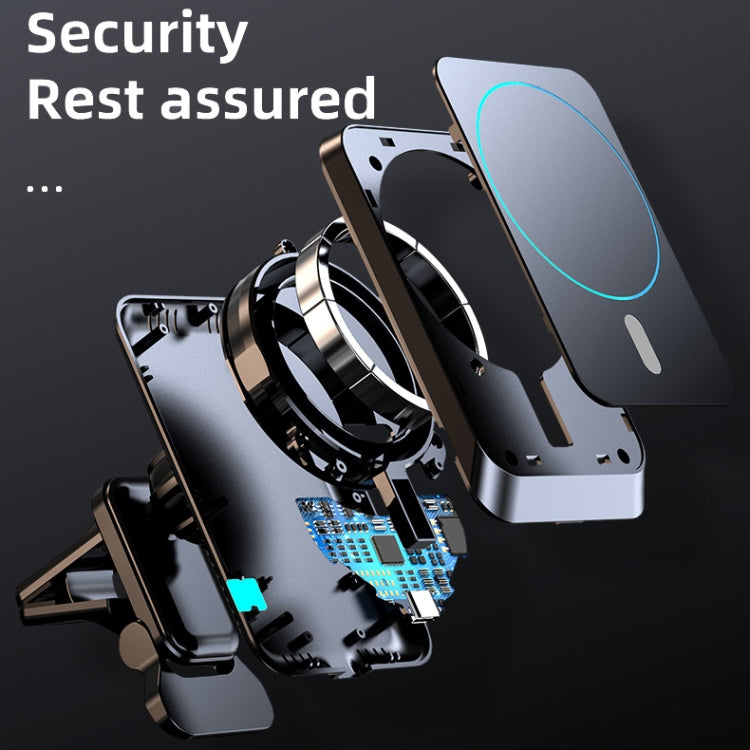 Magnetic car air outlet bracket wireless charger with phone stand, black/silver body