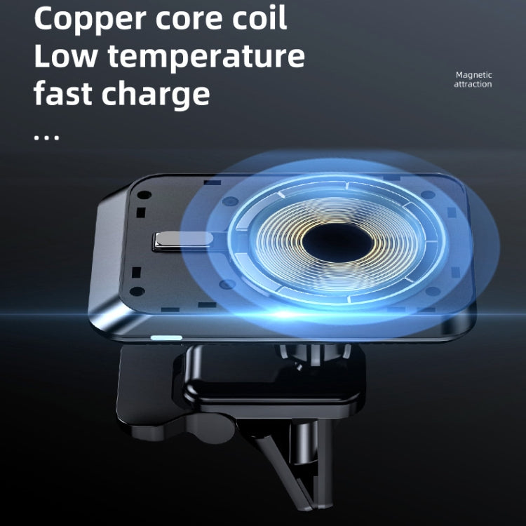 Wireless car air outlet charger showing internal coil and blue charging ring light