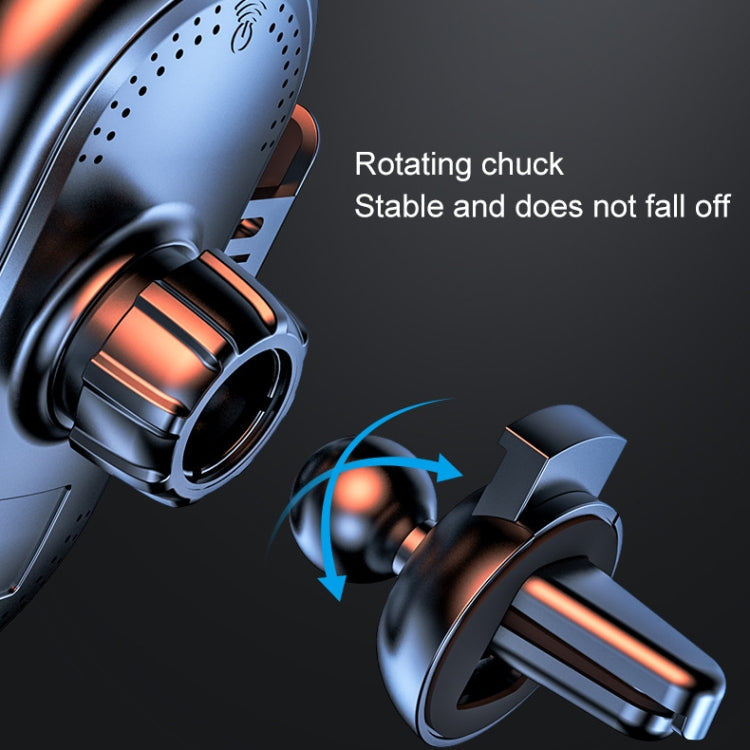 Black car air-vent wireless charger bracket with infrared sensor, rotating mount close-up