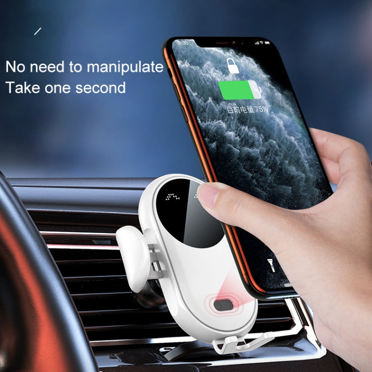 White car air-vent wireless charger bracket with infrared sensor, hand placing phone