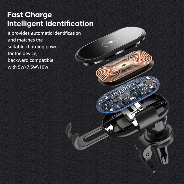 Car air vent gravity wireless phone charger mount with charging face and bracket