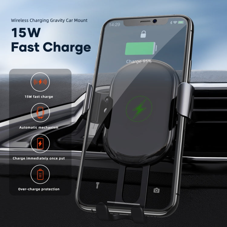 Car air vent gravity wireless charging mount with phone secured on charger pad