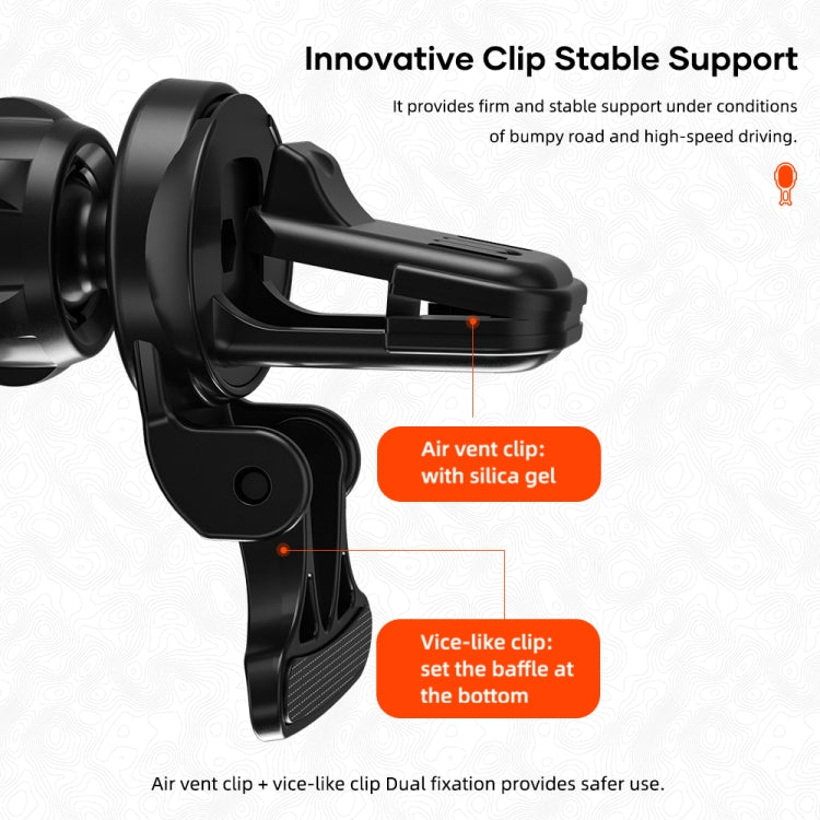 Black air-vent clip wireless charging mount with dual fixation grip