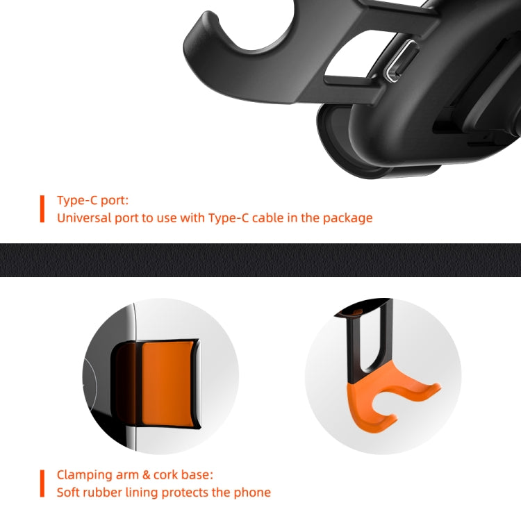 Black clamp-style car wireless charging mount with port on the charging head