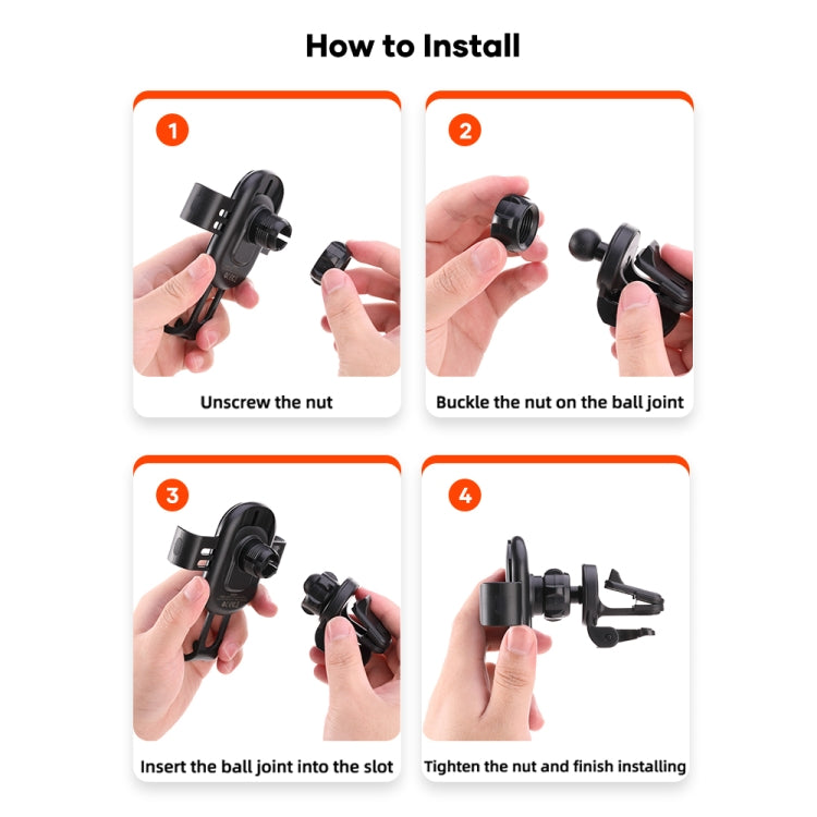 Black wireless charging car mount shown during step-by-step installation