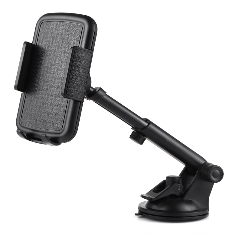 Car phone holder with textured cradle, adjustable arm, and suction base