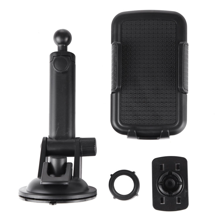 Car phone holder kit with cradle, suction base, mounting plate, and ring