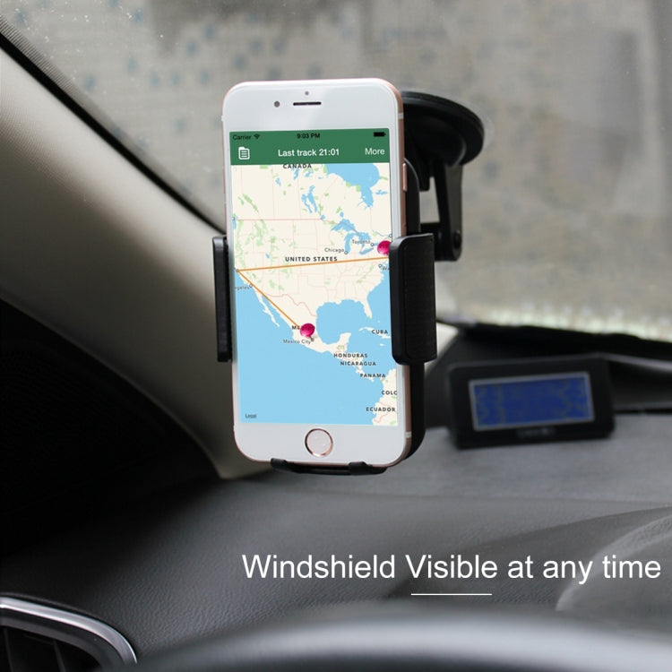 Car phone holder securing a smartphone with windshield suction mount