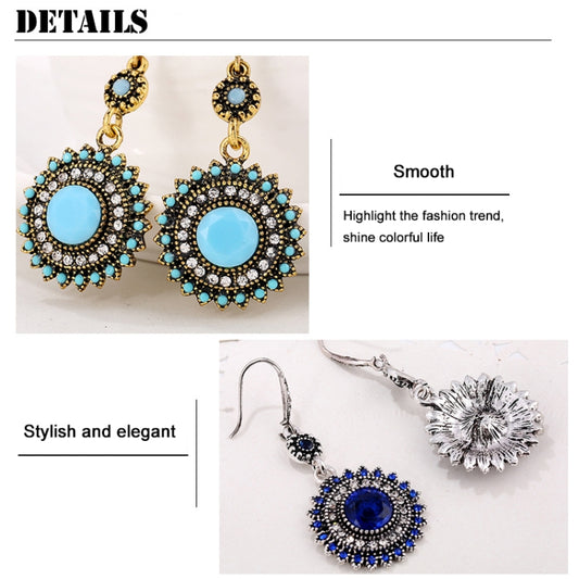 Rhinestone flower drop earrings: turquoise and blue stone centers on silver dangles
