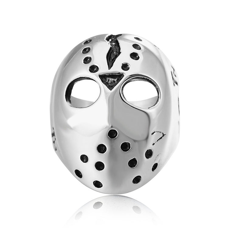 Skull mask style titanium steel ring, glossy silver with black-and-silver face cutouts