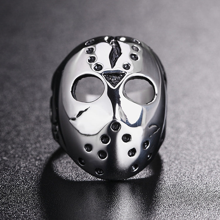 Skull mask titanium steel ring with two large eye holes, silver with black side panels