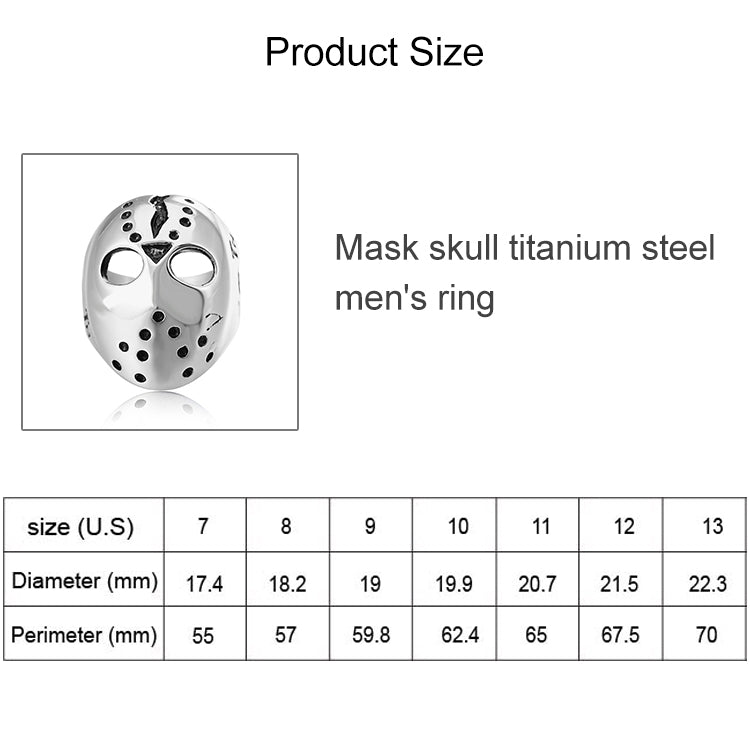 Mask skull titanium steel men's ring size chart showing US size 7 diameter 17.4mm
