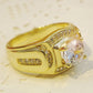 Men's gold-plated ring with clear zircon stones and large center gem