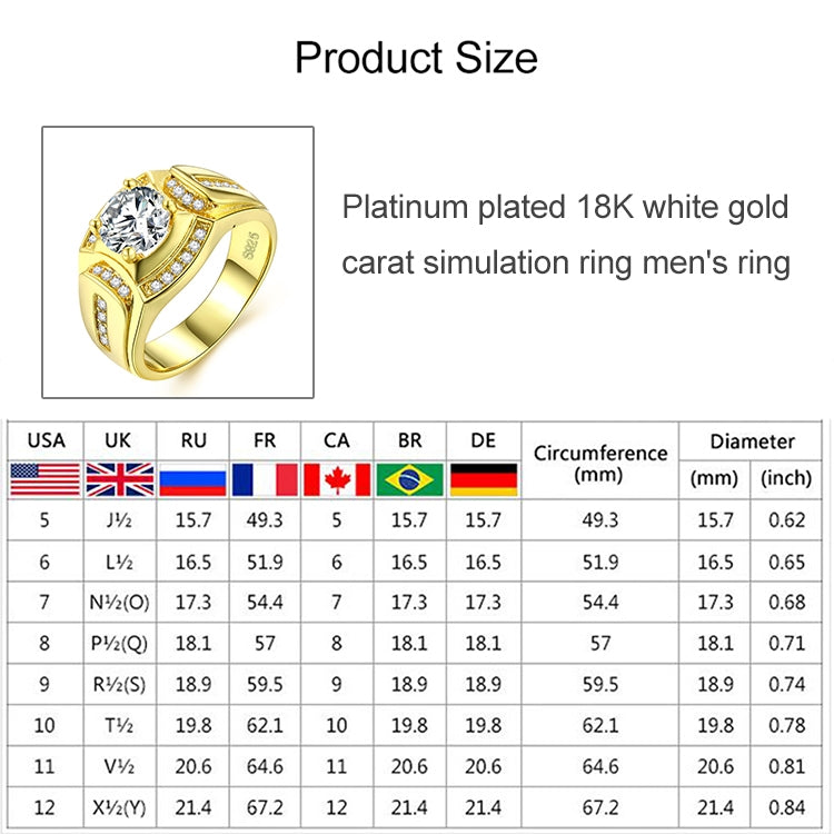Men’s ring product size chart showing circumference and diameter measurements