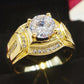 Gold-plated men’s zircon ring with large center stone and glittering side accents