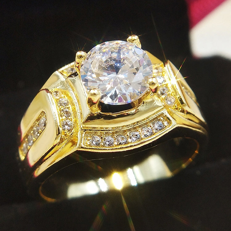 Gold-plated men’s zircon ring with large center stone and glittering side accents