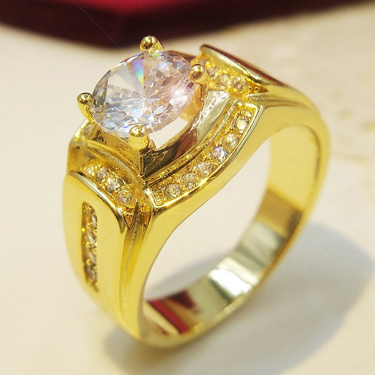 Men's gold-tone zircon ring with round clear center stone