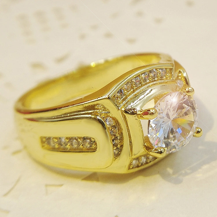 Men's gold-plated ring with a round clear zircon center stone