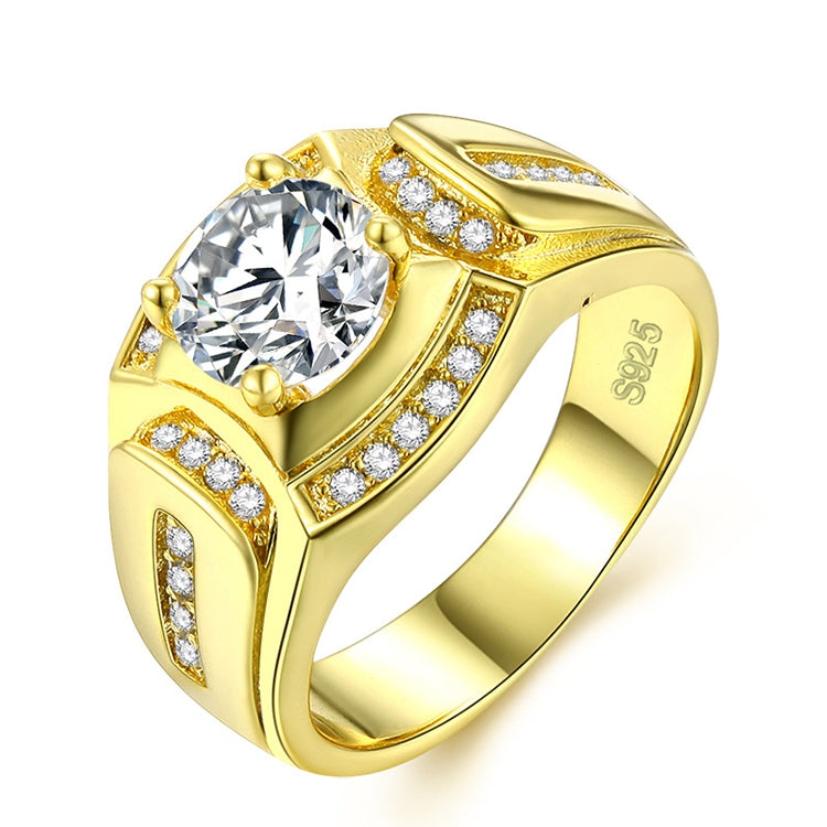 Men's gold ring with a large clear center stone and pavé accents