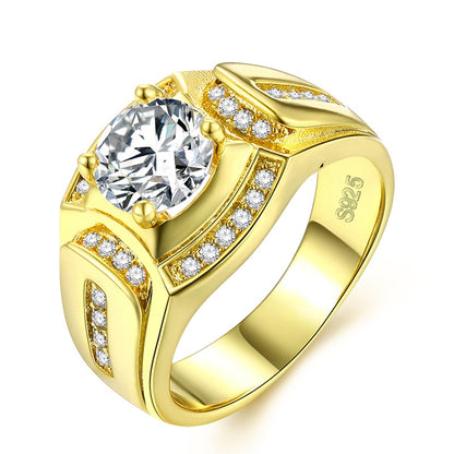 Men's gold ring with a large clear center stone and pavé accents