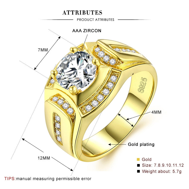 Gold-tone men’s zircon ring shown with labeled dimensions in a diagram