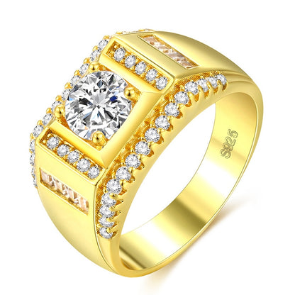 Gold-plated men’s diamond ring with square bezel, round center stone, rhinestone band