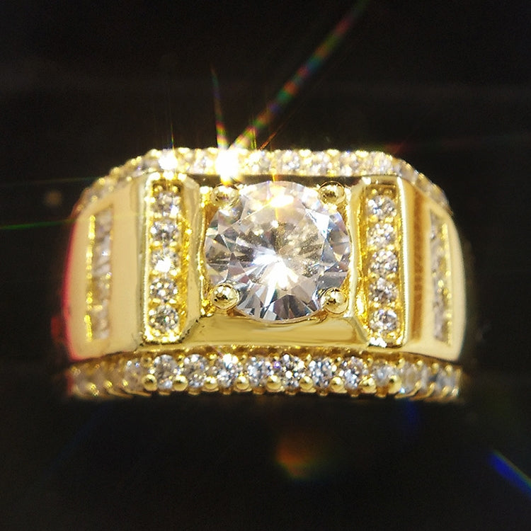 Gold-plated men’s diamond ring with square frame, center round stone, and sparkly halo