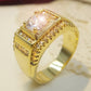 Gold-plated men's ring with square zircon centerpiece and side rhinestones