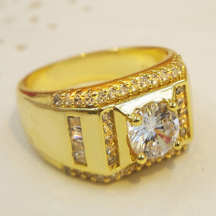 Gold-plated men’s diamond ring side view with center round stone and small channel accents