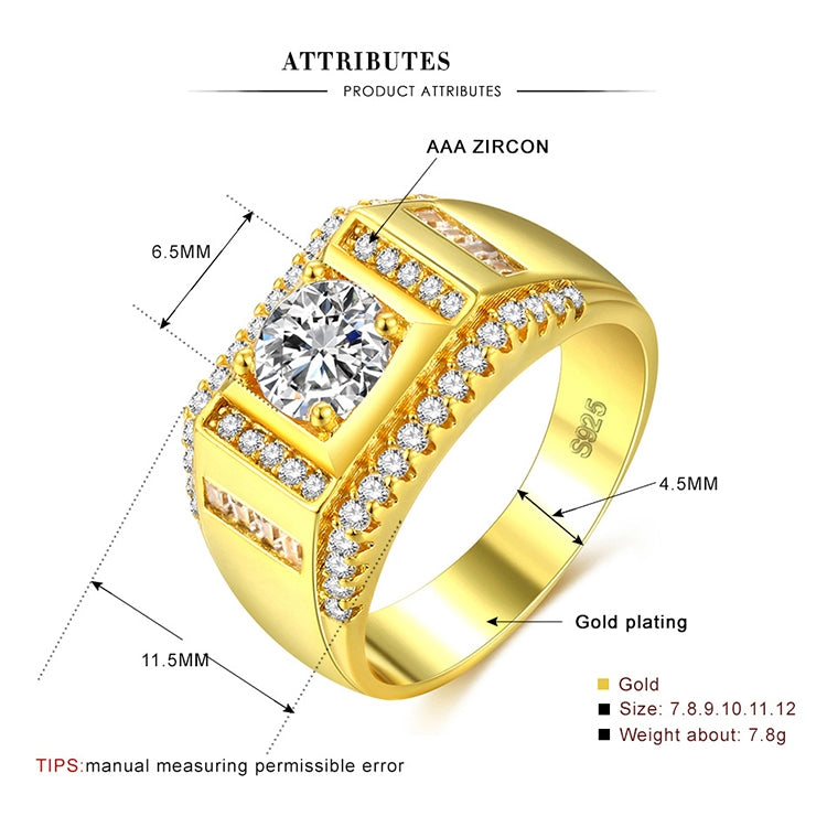 Gold-plated men’s diamond ring diagram with size measurements and AAA zircon inset