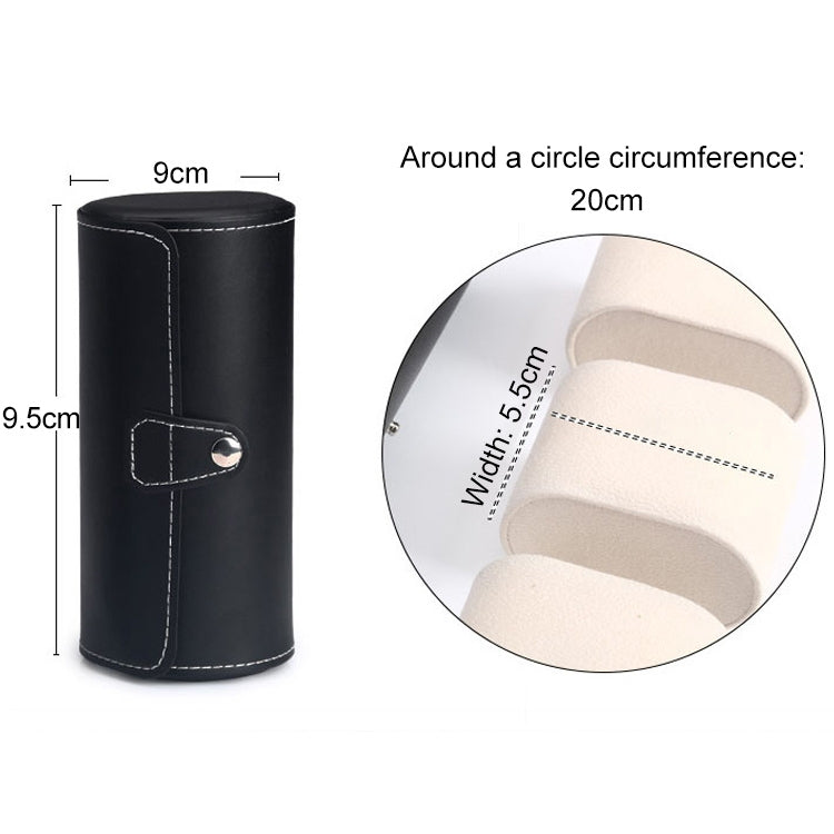 Black cylindrical watch storage bag with beige interior insert; size guide shown