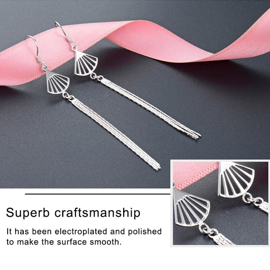 Scallop fan cap tassel drop earrings with slender dangling chains