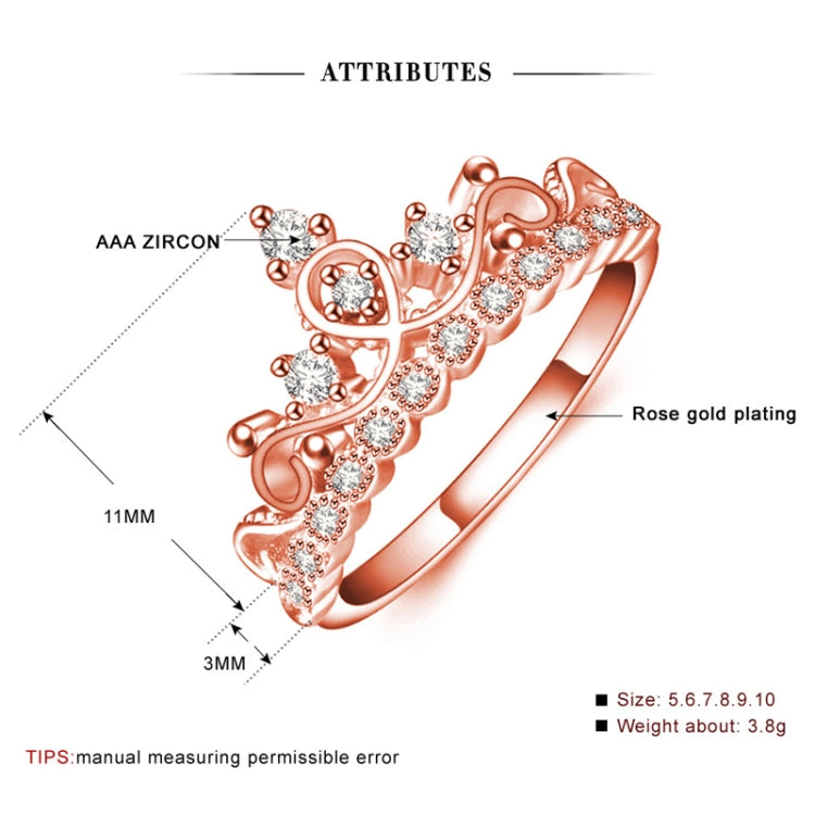 Rose gold plated crown-shaped zircon ring with outlined stone positions and rose finish