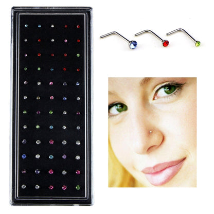 Multicolor crystal L-shaped nose stud rings set, diamond-style tips, 60-pack box