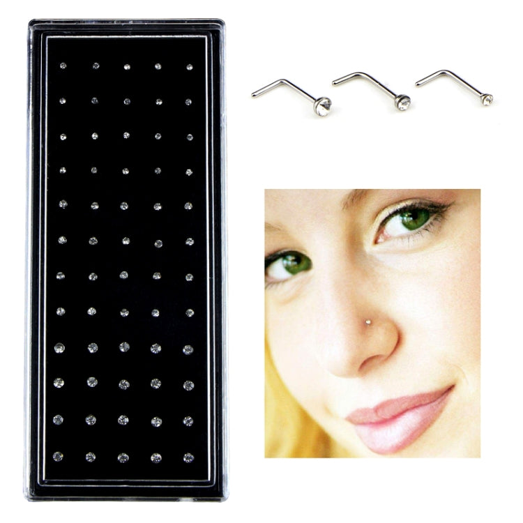 Silver-tone L-shaped nose stud rings with clear crystal tips, 60-pack box