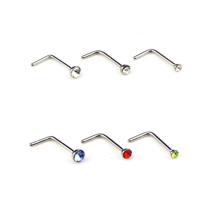 Three silver-tone L-shaped nose studs with clear crystal ends