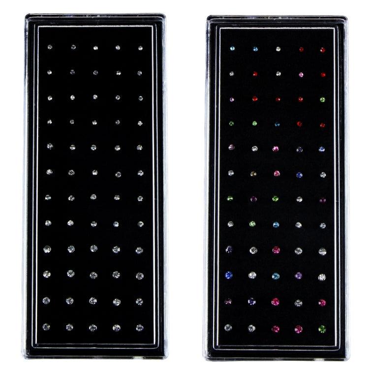 Two 60-pack display boxes of L-shaped nose studs: clear and multicolor crystal tips