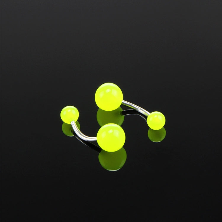 Fluorescent acrylic belly button ring with three lime-green glowing balls and silver bar