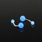 Fluorescent acrylic belly button ring with three light-blue glowing balls and silver bar