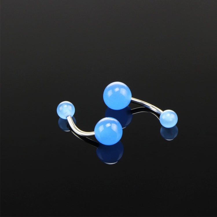Fluorescent acrylic belly button ring with three light-blue glowing balls and silver bar