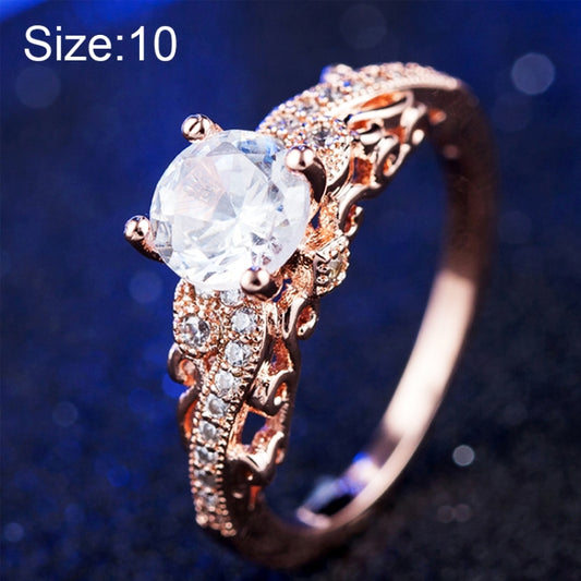 Rose gold zircon engagement ring with clear round stone, size 10
